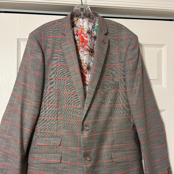 Mens PAISLEY & GRAY Sz 42L Gray & Peach Plaid Slim Fit Suit Jacket Sport Coat - Picture 2 of 13